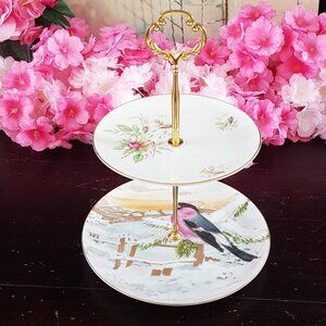 Elegant 2-Tier Floral & Bird Stand for Tea Parties, Desserts Jewelry Tray Gift